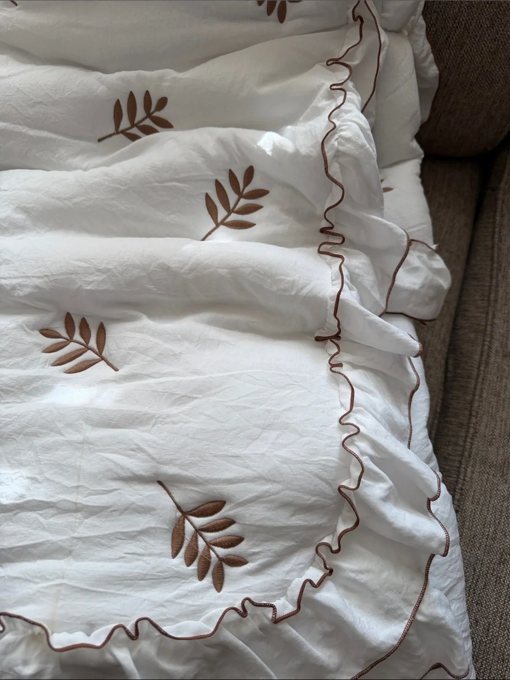 Embroidered King Quilt Set in Cream with Brown Leaf Motif